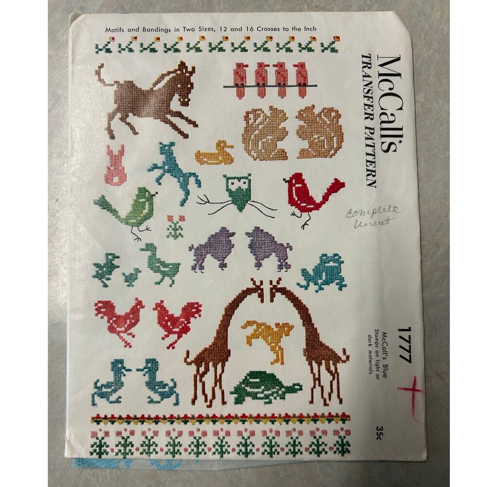 Vintage 1970's McCalls Transfer Pattern #1777 Cross-Stitch Embroidery Animals